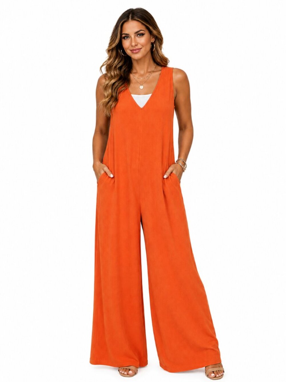 ATTITUDES by Renee Sleeveless V-Neck Orange Textured Jumpsuit w/Pockets NWT M